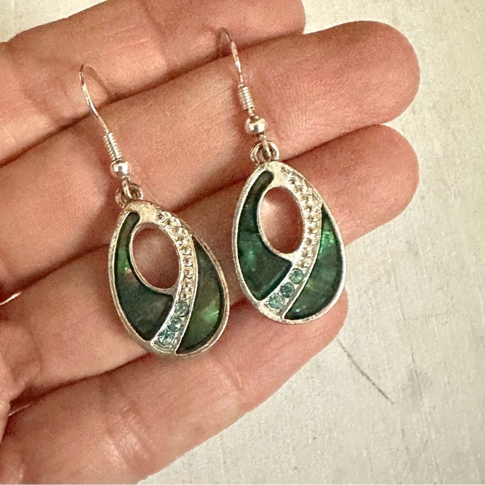 Silver tone green rhinestone drop earrings